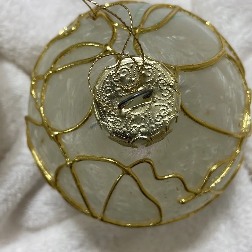 VINTAGE SILVESTRI Large Gold Clear Frosted Glass Deco Tree Ornaments Set of 6